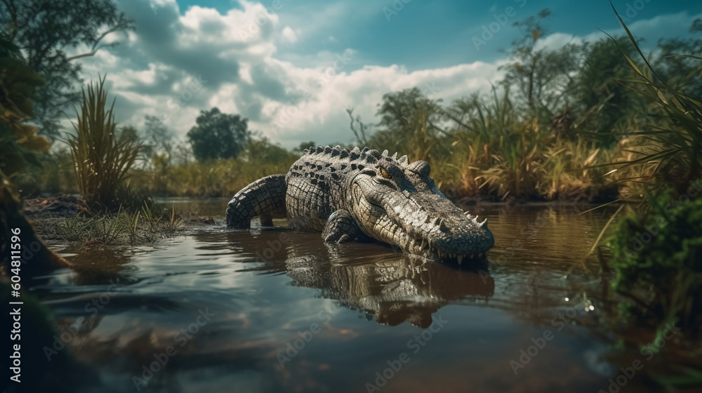 Fototapeta premium A crocodile sits on the ground in a muddy area