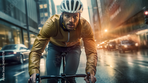 A man riding a bike down a city street. Generative AI. © tilialucida
