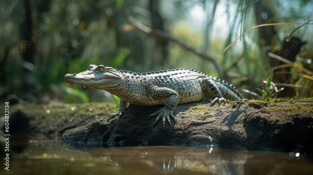 Obraz premium A crocodile sits on the ground in a muddy area