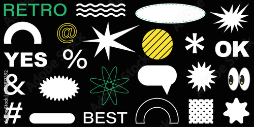 Shape set y2k style for banner. Y2k aesthetic.Shape set y2k style for decoaration.Simple shapes.Shape set y2k style for poster.Trendy 90s.Trendy geometric forms.