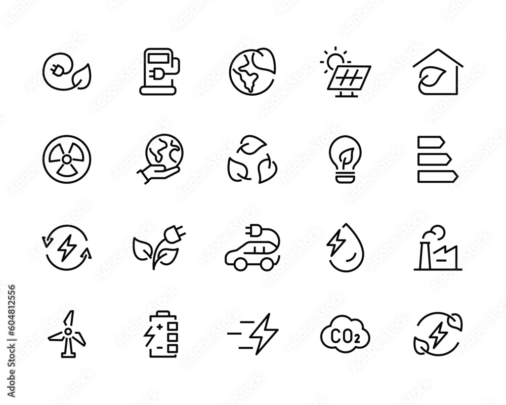electric power clean energy green. icons CO2, solar geothermal wind energy, hydropower net zero, co2 eco, biofuel biomass, Friendly Power ecological environmental line editable stroke icon set vector - obrazy, fototapety, plakaty 