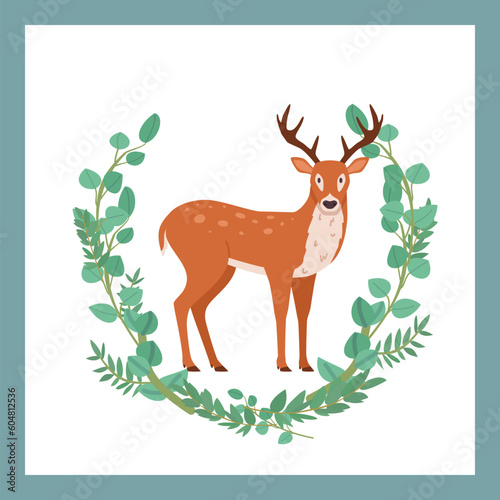 Reindeer in floral frame of green leaves  vector illustration isolated on white.