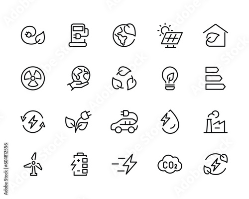 electric power clean energy green. icons CO2, solar geothermal wind energy, hydropower net zero, co2 eco, biofuel biomass, Friendly Power ecological environmental line editable stroke icon set vector