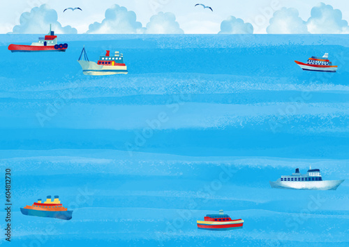 Fotografia 水彩タッチ　広い海と船いっぱいとカモメと入道雲の背景フレーム