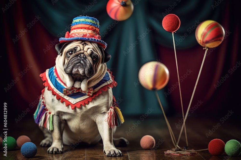 pug dog dressed as a clown in the circus. holiday concept. funny animals generative ai