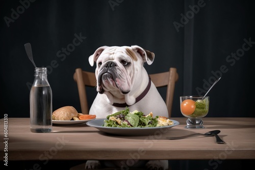 a dog of the English bulldog breed at a table in a restaurant. the concept of dog restaurants. generative ai, © robertuzhbt89