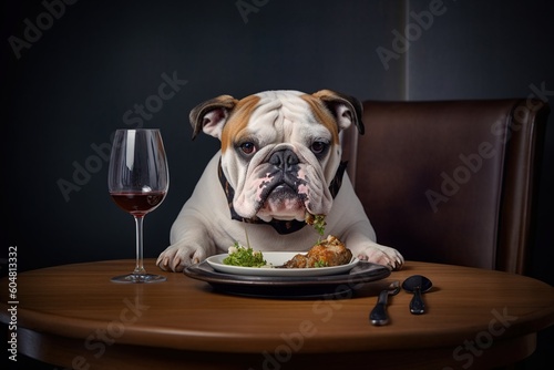 a dog of the English bulldog breed at a table in a restaurant. the concept of dog restaurants. generative ai,