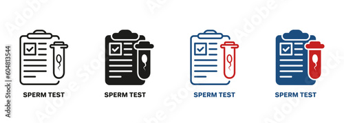 Semen Laboratory Research Pictogram. Sperm Test Result on Clipboard Symbol Collection. Sperm Medical Analysis for Infertility or Paternity Line and Silhouette Icon Set. Isolated Vector Illustration