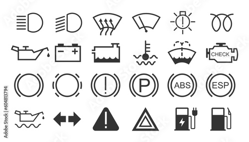 Car dashboard icon set. Vehicle service and warning symbol light sign collection. Vector illustration image.