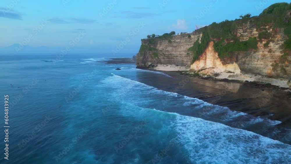 Aerial shot of epic Uluwatu beach in Bali. Set on the epic cliffs and overlooking the infamous Uluwatu surf break.