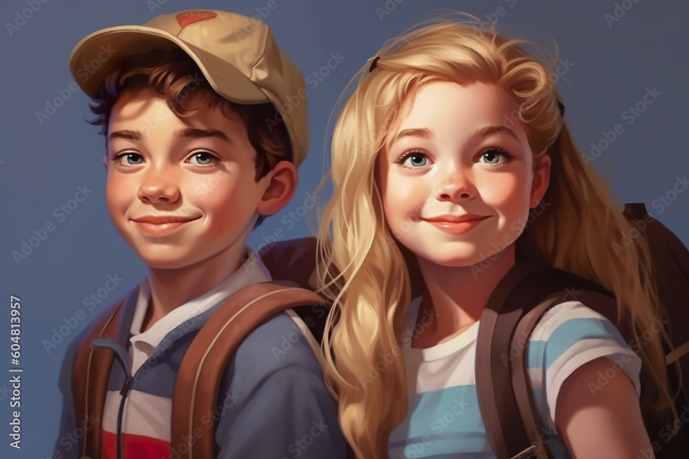 A painting of a boy and a girl with backpacks. Generative AI. Back to school creative illustration. A painting of a boy and a girl with backpacks. Generative AI. Back to school creative illustration.