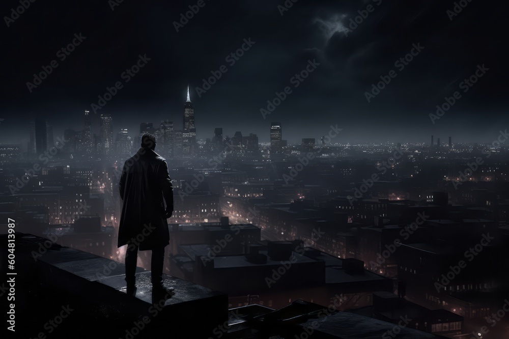 Moody image of a city skyline at night, with dark person hero perched on a rooftop, blending into the shadows as he keeps watch over the city. Generative Ai Moody image of a city skyline at night, with dark person hero perched on a rooftop, blending into the shadows as he keeps watch over the city. Generative Ai