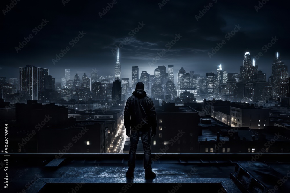 Moody image of a city skyline at night, with dark person hero perched on a rooftop, blending into the shadows as he keeps watch over the city. Generative Ai