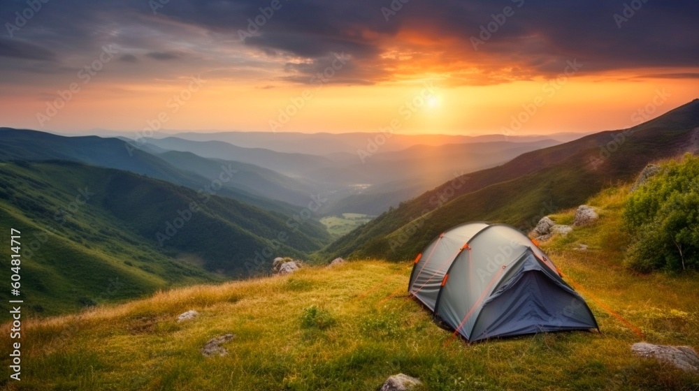 Camping in the mountains at sunset. Beautiful summer landscape with a tent.