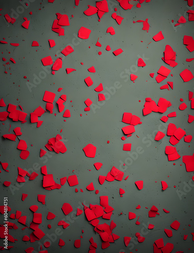 Gray abstract background that is strewn with red pieces similar to rose petals.Generative AI