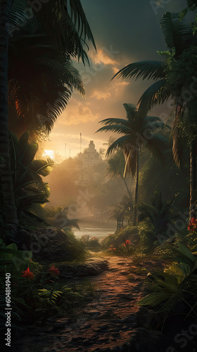 Paradisiacal Sunset  Gorgeous Tropical Landscape Setting the Scene Created Using Generative Ai