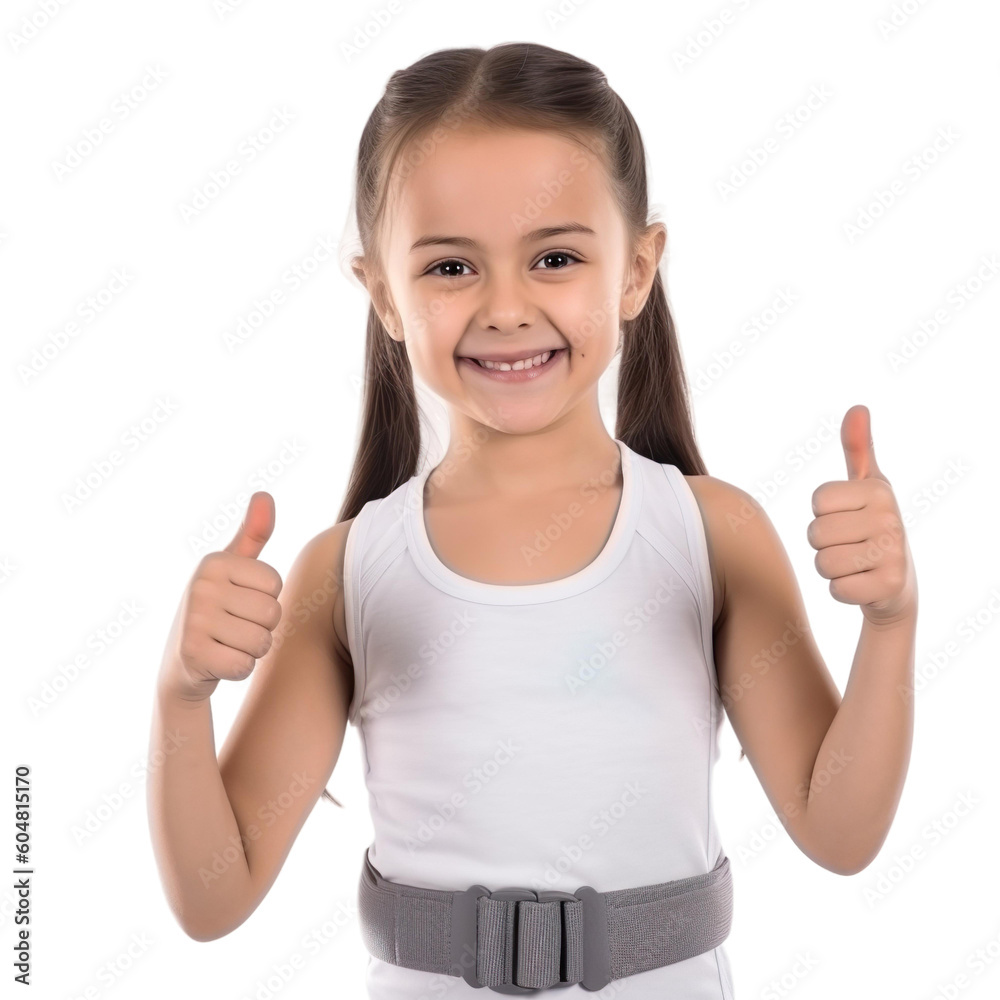 Child girl dressed as Fitness Trainer showing thumbs up isolated on transparent background, Generative Ai Child girl dressed as Fitness Trainer showing thumbs up isolated on transparent background, Generative Ai
