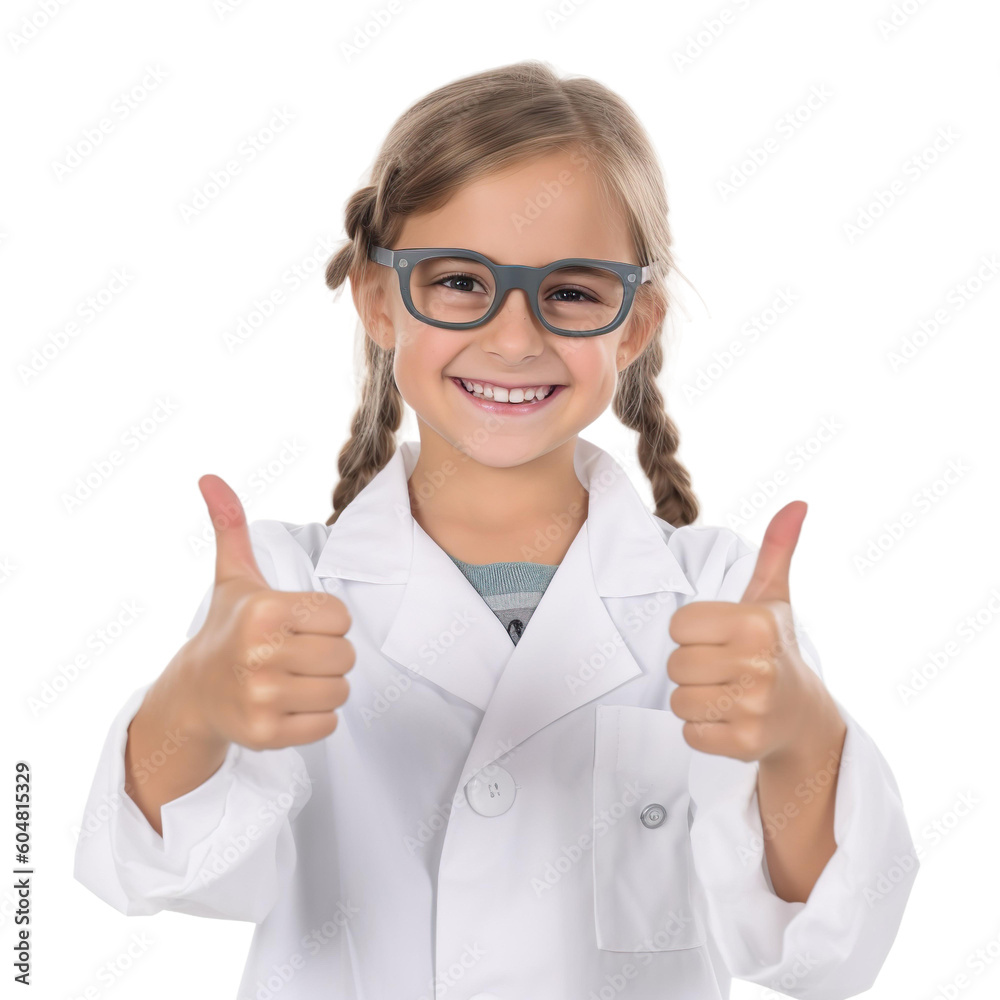 Child girl dressed as Scientist showing thumbs up isolated on transparent background, Generative Ai