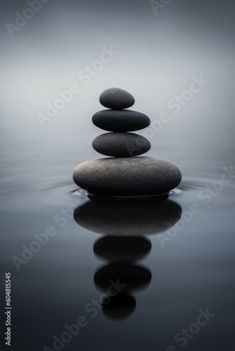 Stone Pyramid in Foggy Early Morning  Pebbles Balance Pile  Harmony Zen Stones  Balance Stack  Sea Pebble Pyramid  Relaxation and Peace Concept  Abstract Generative AI Illustration