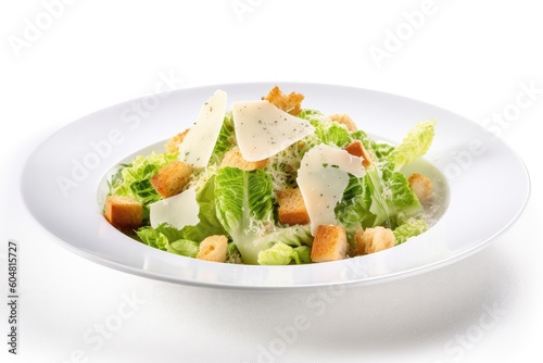 Caesar Salad Isolated, Green Lettuce Salat with Chicken and Parmesan Cheese, Caesar Salad on White Background, Abstract Generative AI Illustration