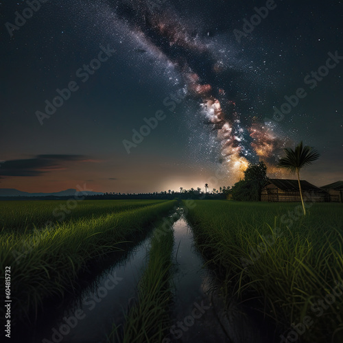 Starry Night Serenity  Captivating Milky Way Over a Tranquil Paddy Field Created Using Generative Ai