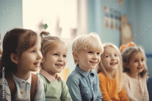 Happy kids sitting together in a class room. Generative ai