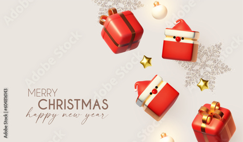 Merry Christmas and Happy New Year design template with gift box, snowflake and Santa Claus. Happy holidays. Special season offer.