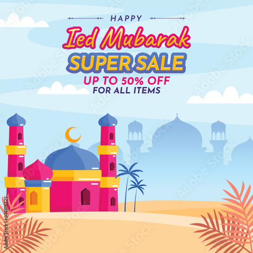 Ied Al Fitr Mubarak Moslem Festive with Colorful Mosque at the Desert Super Sale Discount