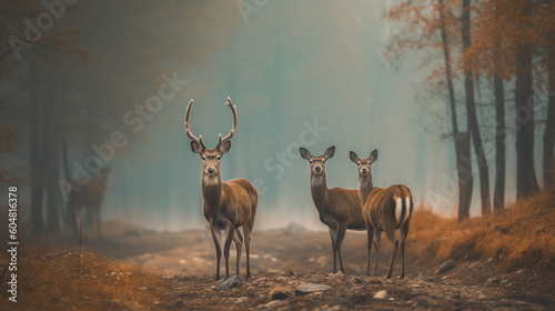 Deer in a field with trees in the background © DLC Studio