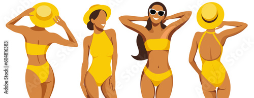 vector illustration on the theme of summer holidays and tropical holidays. four different beautiful young tanned girls in yellow swimsuits are standing and sunbathing on the beach. elements isolated.