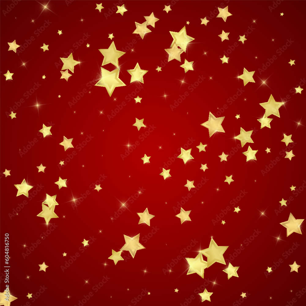 Magic stars vector overlay. Gold stars scattered around randomly, falling down, floating. Chaotic dreamy childish overlay template. Magical cartoon night sky on red background.