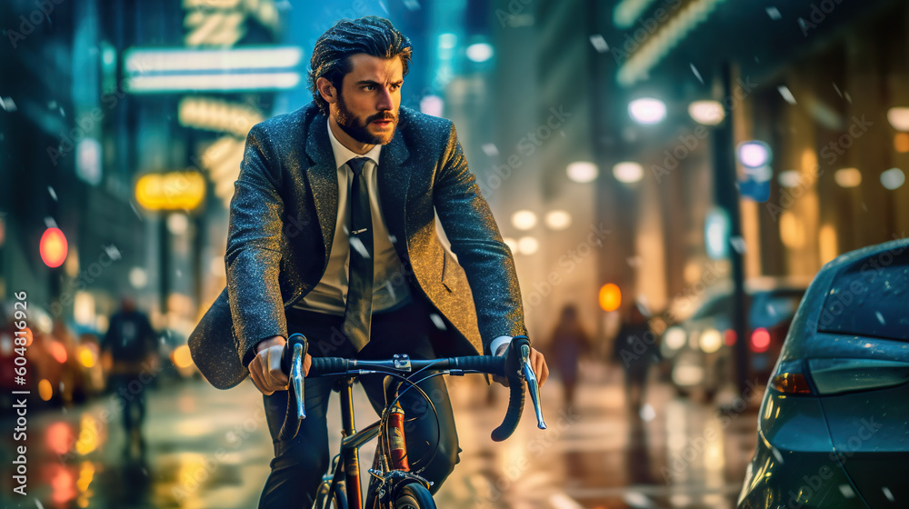 A man riding a bike in the rain. Generative AI.