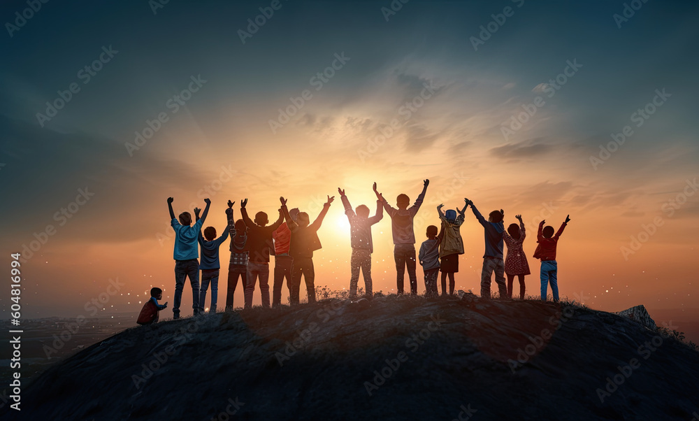 friends raised up their hands at mountain peak friends raised up their hands at mountain peak