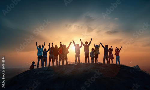 friends raised up their hands at mountain peak
