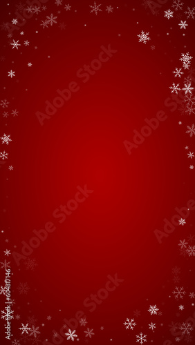 Beautiful snowfall christmas background. Subtle flying snow flakes and stars on christmas red background. Beautiful snowfall overlay template. Vertical vector illustration.