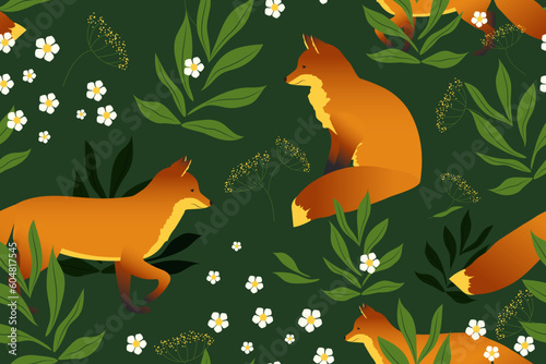 Canvas Print Forest wildlife with hand drawn beautiful foxes
