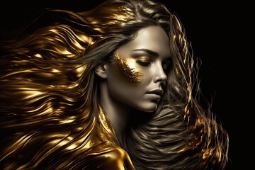 Fotobehang Zwart goud Model met gouden haar en huid  © inna717