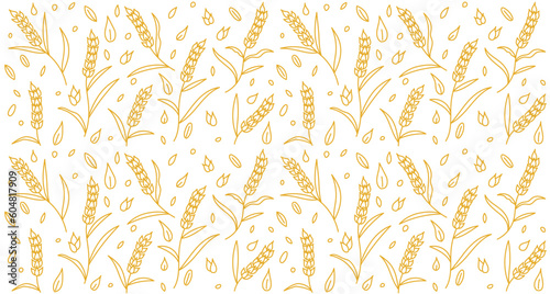 Spikelets of wheat and grains seamless pattern background. Cereal Editable outline stroke. Vector line.