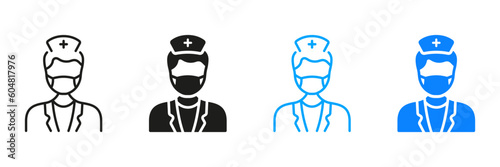 Dental Surgeon Sign. Dentist Man Pictogram Collection. Physician Specialist, Orthodontist, Endodontist Symbol. Dental Doctor in Face Mask Silhouette and Line Icon Set. Isolated Vector Illustration