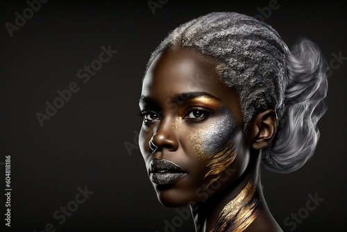 Young African American model with silver and gold makeup and body art on a black background with smoke. generative AI