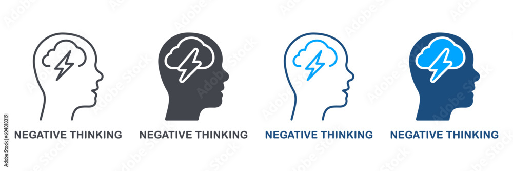 Negative Thinking, Pessimism Silhouette and Line Icon Set. Furious, Frustration Expression Symbol Collection. Pessimistic Mental Disorder, Thunder in Human Head Sign. Isolated Vector Illustration