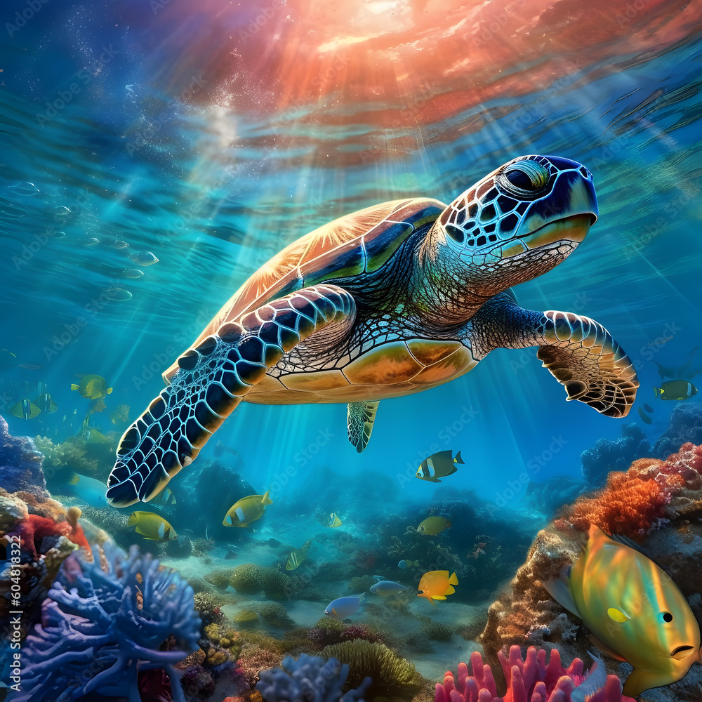 Fototapeta premium Sea turtle or marine turtle swimming in ocean. AI generated