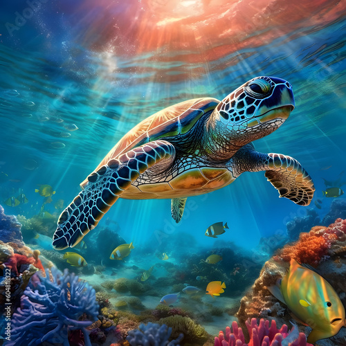 Sea turtle or marine turtle swimming in ocean. AI generated