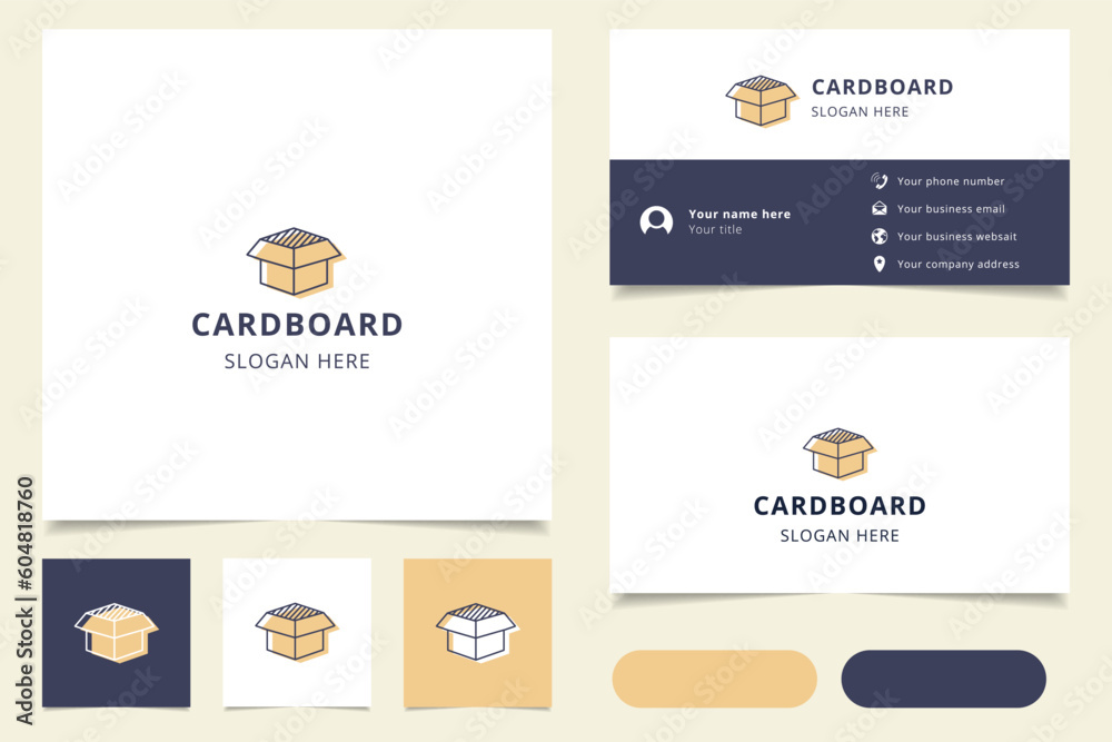 Cardboard logo design with editable slogan. Branding book and business card template.