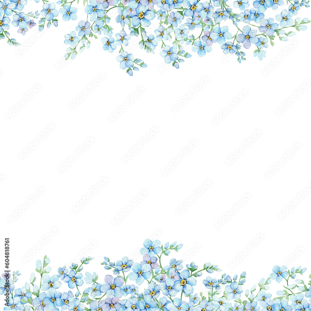Blue forget-me-nots, floral rectangular frame with place for text. Spring flowers Scorpion Grass, Myosotis. Hand draw watercolor illustration template for wedding anniversary, birthday