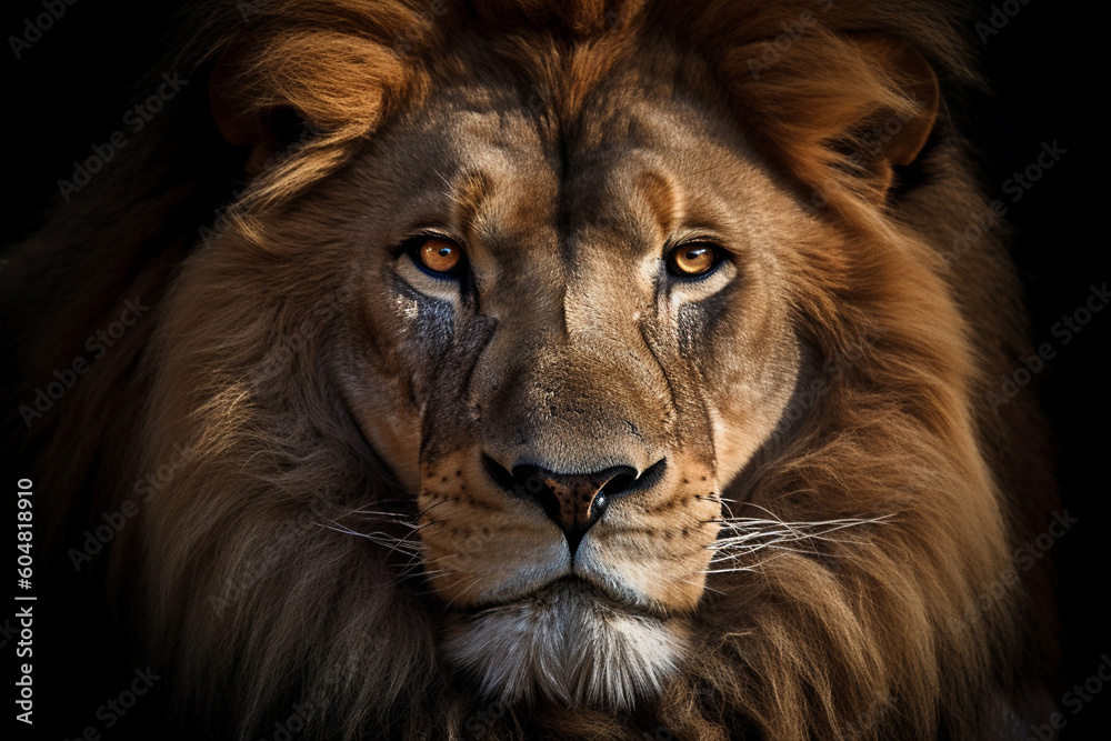 Lion portrait on a dark background. AI generated