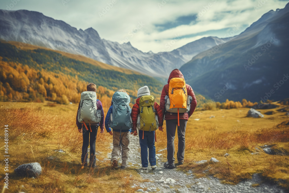 A group of people with backpacks standing on a trail. Generative AI.