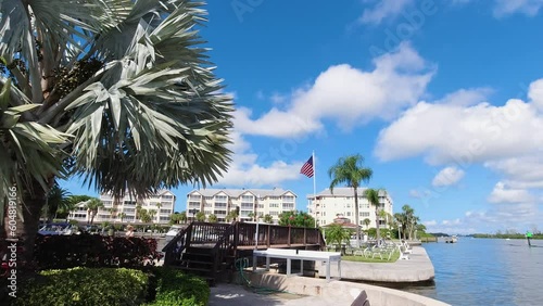 Tilt Down American Flag and Palm tree along intercoastal waterway