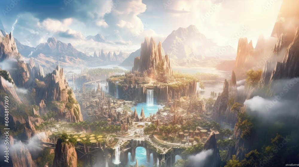 Landscape of Medieval Fantasy City Surrounded By Mountains Generative AI