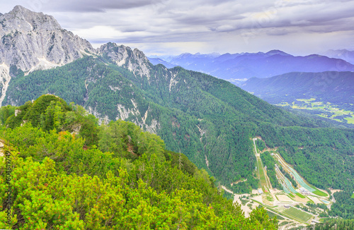 Ski jumping complex in Planica in Julian Alps (Slovenia). View from the slopes of Ciprnik.